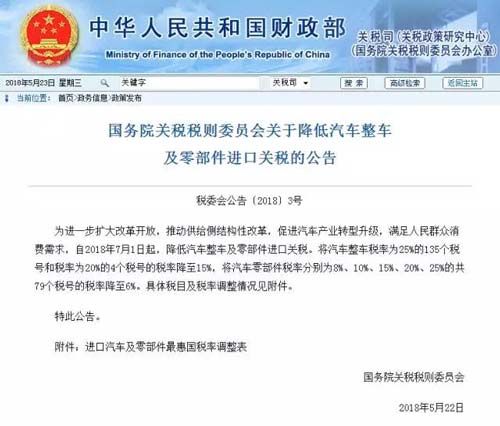 7月1日起，進口汽車關稅將降低至15%！